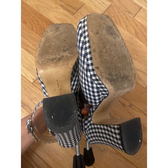 Zara Trafaluc Womens Gingham Black White Checkered Block Heel Ankle Strap sz 41 - Picture 4 of 8